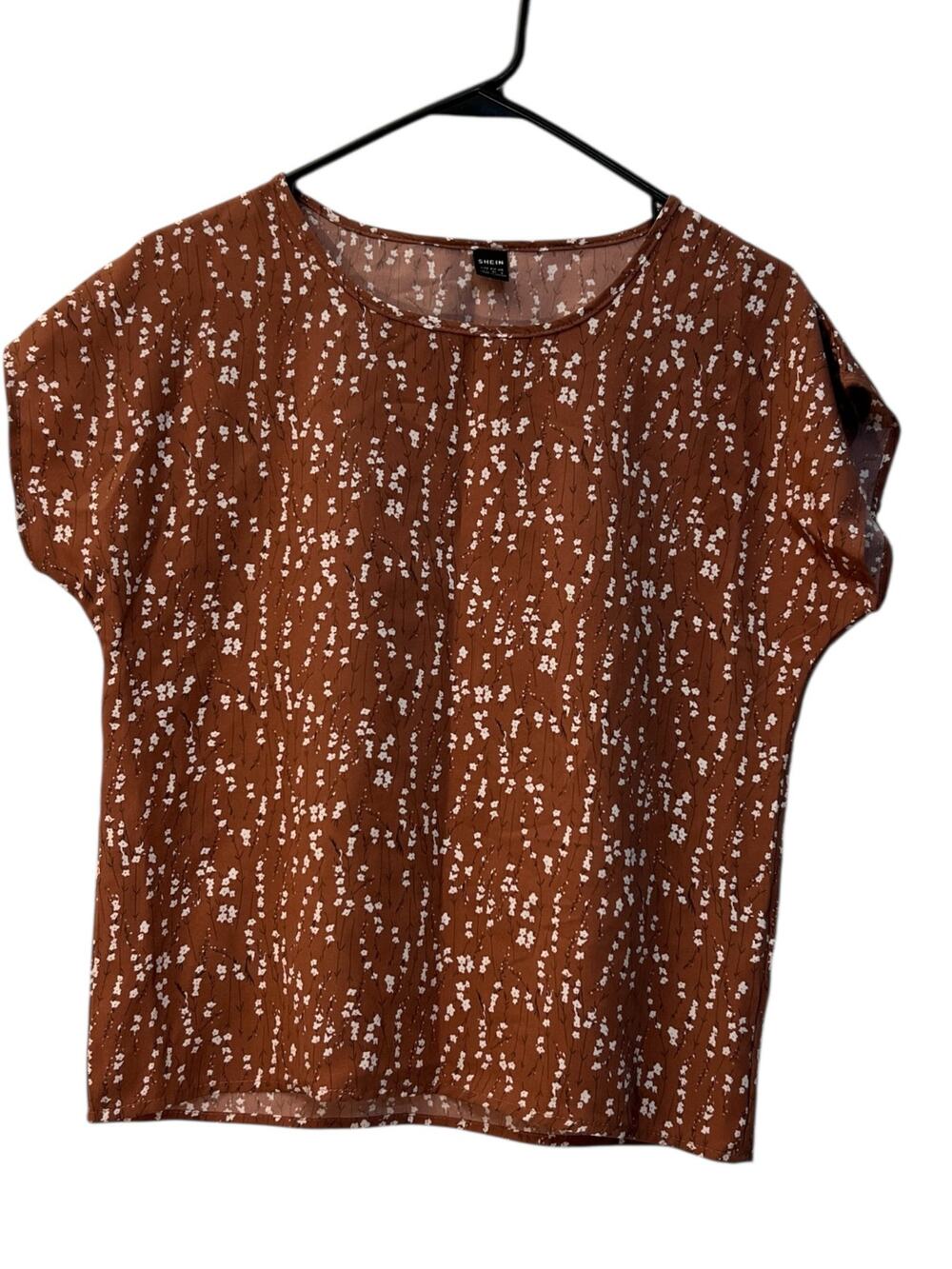 Shein Womens Blouse Size XS Brown Floral Print Short Sleeve Top Boho Casual